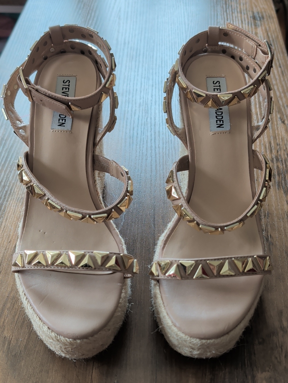 Steve Madden Beige Espadrille Wedge Sandals with Gold Studs